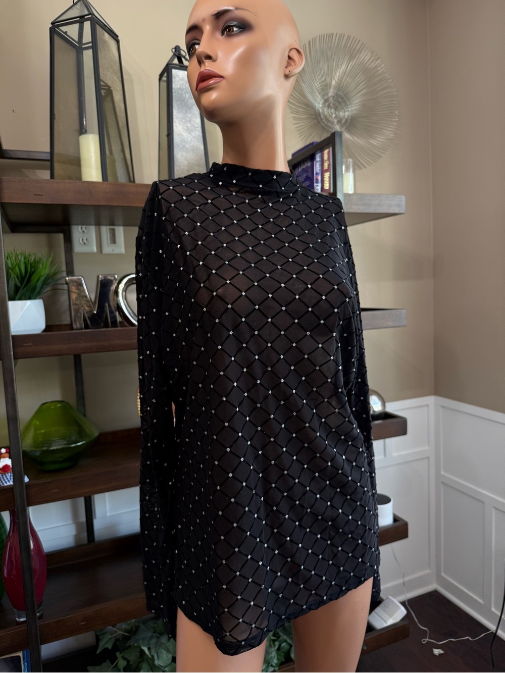 Black semi sheer Long-Sleeve top XXL mesh grid silver dots new mail order sexy